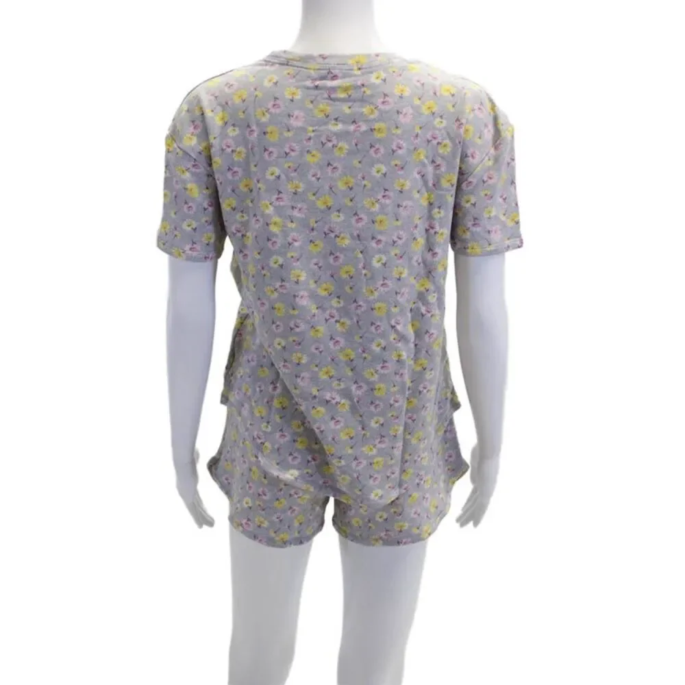 Emerson Road Womens Crew Neck Floral Pajama Shirt Shorts Set Gray Size Small
